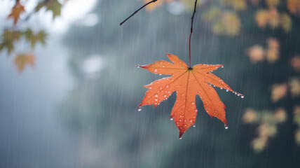 Orange maple leaf hanging in autumn rain, with water droplets enhancing the texture of the leaf.