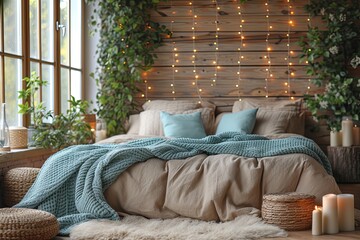 Cozy bedroom with a bed, pillows, and a blanket. Candles on the bedside table and a basket of candles on the floor