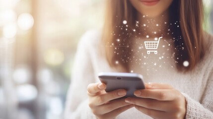 Wall Mural - a woman interacts with a smartphone, highlighting a shopping cart icon, symbolizing mobile commerce 
