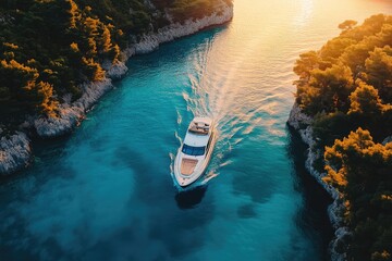 Aerial view of a yacht in a narrow bay. This image can be used for travel brochures, travel blogs, and social media posts.