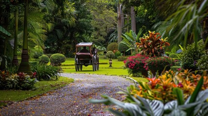 Poster - Horse-Drawn Carriage Traveling Through a Lush Tropical Garden