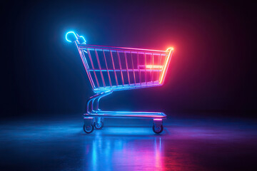 metal shopping cart with neon glow on dark background. shopping concept, online shopping and black f