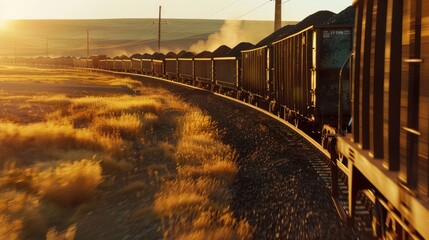 Canvas Print - A Long Train of Coal Cars Moving Through Rural Landscapes at Sunset