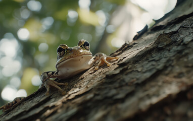 Close-Up of a Green Frog on Tree Bark