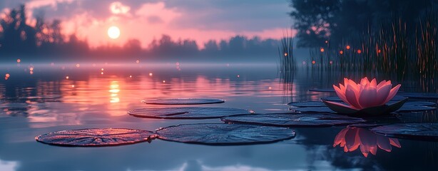 Poster - Tranquil Moonlit Scene with Water Lily and Reflections