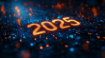 Poster - The year 2025 illuminated by digital data in a futuristic display