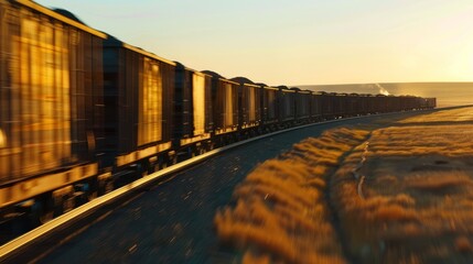 Canvas Print - A Long Train of Cargo Cars Speeding Through a Golden Field at Sunset