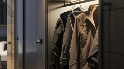 Poster - Close-up of three jackets hanging on a coat rack in a closet