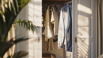 Poster - Sunlight Shining Through a White Doorway Into a Closet With Clothes Hanging