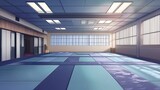 Empty Dojo with Blue Matting, Sunlight Streaming In.