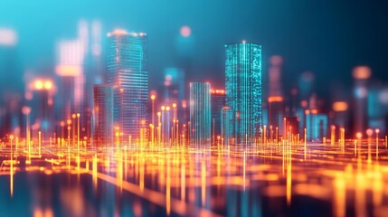 Blockchain-powered smart cities, floating digital holograms, futuristic urban integration