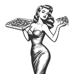 Wall Mural - pin-up style woman holding a pizza box in one hand and a pizza slice in the other sketch engraving generative ai fictional character raster illustration. Scratch board imitation. Black and white image