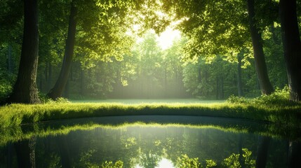 Poster - A peaceful scene of a serene forest pond surrounded by towering trees.