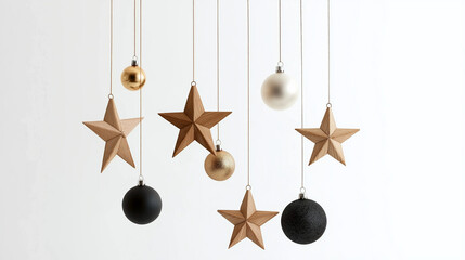 Chic holiday decorations featuring wooden stars and elegant ornaments, set against a simple white background.