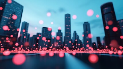 Poster - A futuristic city skyline with glowing lines connecting buildings, representing interconnected technology and infrastructure.