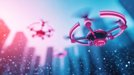 Poster - A futuristic scene with drones flying in the air, connected to a central control system, showcasing the potential of wireless communication for future technology.