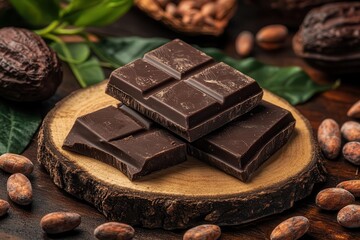 Delicious dark chocolate bars arranged on a wooden platter, surrounded by cocoa beans and leaves in a rustic setup.