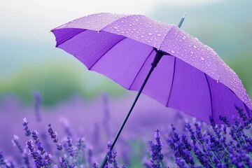 Poster - A purple umbrella standing tall in a field of lavender, bathed in soft light. Copy space for text.