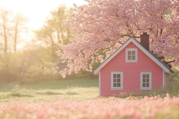 Poster - A pink house stands beside blooming pink sakura trees, illuminated by the gentle glow of spring. Plenty of space available for text.