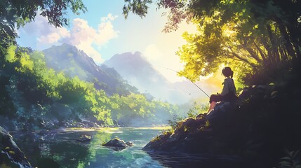 Wall Mural - Peaceful Solitude A Girl Fishing by a River in a Mountainous Landscape.