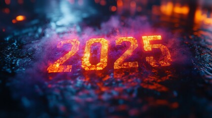 Poster - the year 2025 emerges from colorful digital smoke and vapor in a futuristic setting