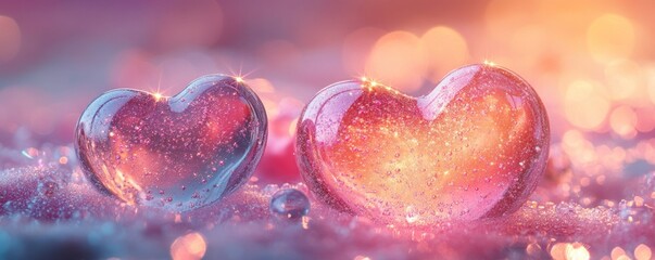 Two Glass Hearts on a Sparkling Background