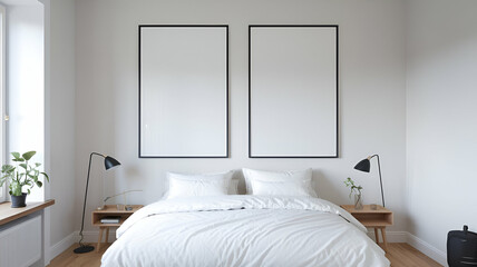 A serene Scandinavian-style bedroom with a simple white bed. Above the bed are two large, fully white photo frames mockup with sleek black borders.