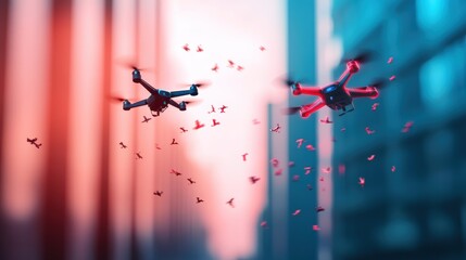 Wall Mural - A futuristic image depicting a city with drones and self driving vehicles communicating through a wireless network, envisioning the future of wireless technology.