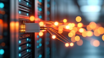 Poster - A photo of a server room with rows of servers and network equipment, representing the core infrastructure that powers digital communication and data storage.