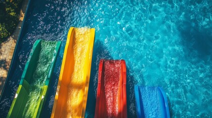 vibrant water slides in a colorful set of four, all ending in a cool blue pool, perfect scene for a 