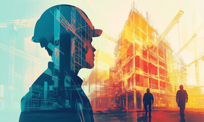 Double exposure portrait of a construction worker and the future building construction. Graphic design. 