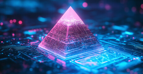 Poster - 3D rendering of a pyramid shape with a digital circuit background, glowing light effects, blue and pink colors, complex geometric patterns, floating in space