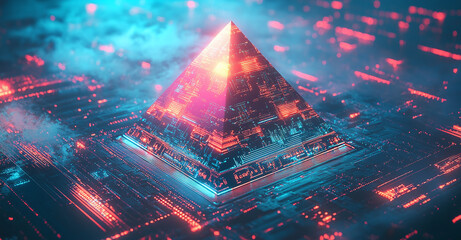 Poster - 3D rendering of a pyramid shape with a digital circuit background, glowing light effects, blue and pink colors, complex geometric patterns, floating in space