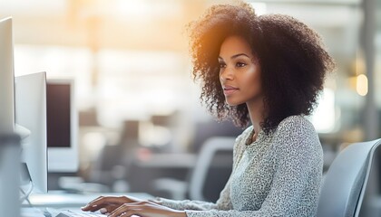 Poster - A Black Woman Working at a Desk in a Modern Office