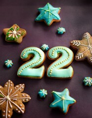 Decorated cookie, number 22, image for birthday or anniversary celebration