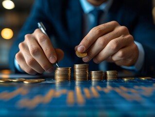 Poster - Businessman analyzing virtual graph with blurred coins background in real estate investment concept