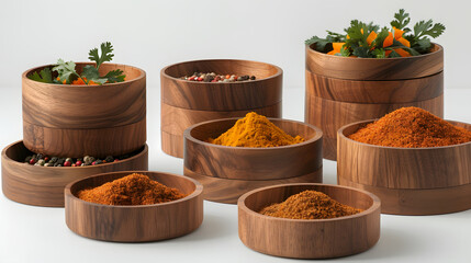 set of Various of Asian spices and in types of powder and grain inside wooden bowl, isolated on white background