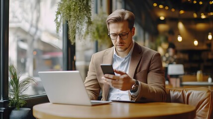 Poster - A Man in a Brown Jacket Uses a Smartphone at a Table in a Cafe