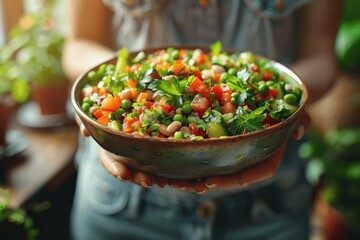 Healthy Woman Enjoying Fresh Vegan Salad in Modern Kitchen with Sunlit Greenery