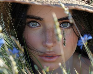 Serene Beauty in a Meadow A Woman's Portrait Amidst Blooming Flowers, Embracing Nature's Tranquility Her Eyes Reflect the Peace and Joy of the Natural World, as She Connects with the Essence of the