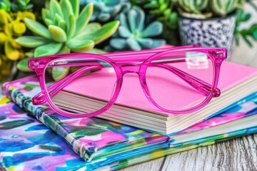 Colorful glasses on notebooks with succulents backdrop