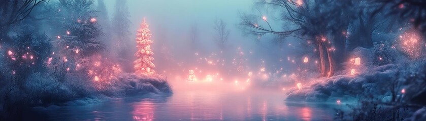 Canvas Print - A serene winter landscape with glowing lights, capturing the magic of nature and holiday spirit in soft pastel colors.