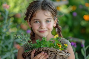 Young Girl Gardener Proudly Presents Basket of Homegrown Herbs in Backyard, Fresh Produce, Sustainable Living, Healthy Eating, Gardening for Kids