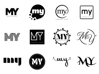 MY logo company template. Letter m and y logotype. Set different classic serif lettering and modern bold text with design elements. Initial font typography.