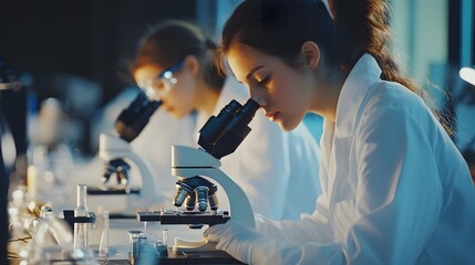 Poster - female scientist examining a sample through a microscope in a laboratory setting
