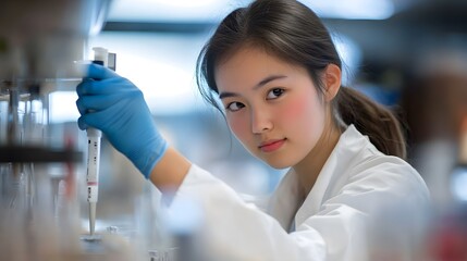 Poster - A Young Woman in a Lab Coat Using a Pipette
