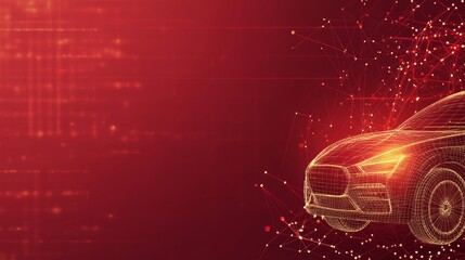 Poster - abstract wireframe car on red technology background. innovation, future, and transportation concept.