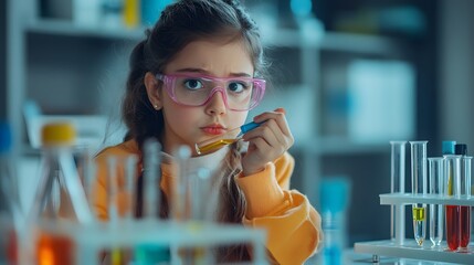 Poster - Young Girl in Safety Glasses Holding a Test Tube with Yellow Liquid
