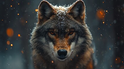 Wall Mural - A wolf with snow on its fur, looking directly at the camera, with bokeh lights in the background.