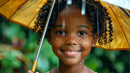 Wall Mural - Under an umbrella, a smiling girl embodies innocence and joy, celebrating the rain with happiness